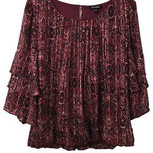 Roz & Ali top blouse L romantic paisley silver threads ruffle sleeves pleats